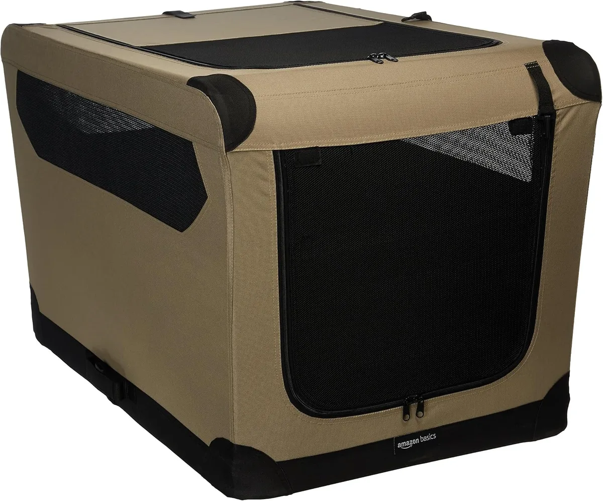 Amazon Basics Transportín Portátil Plegable de 2 Puertas para Perros y Gatos, Tan, L 91 x 61 x 61 cm