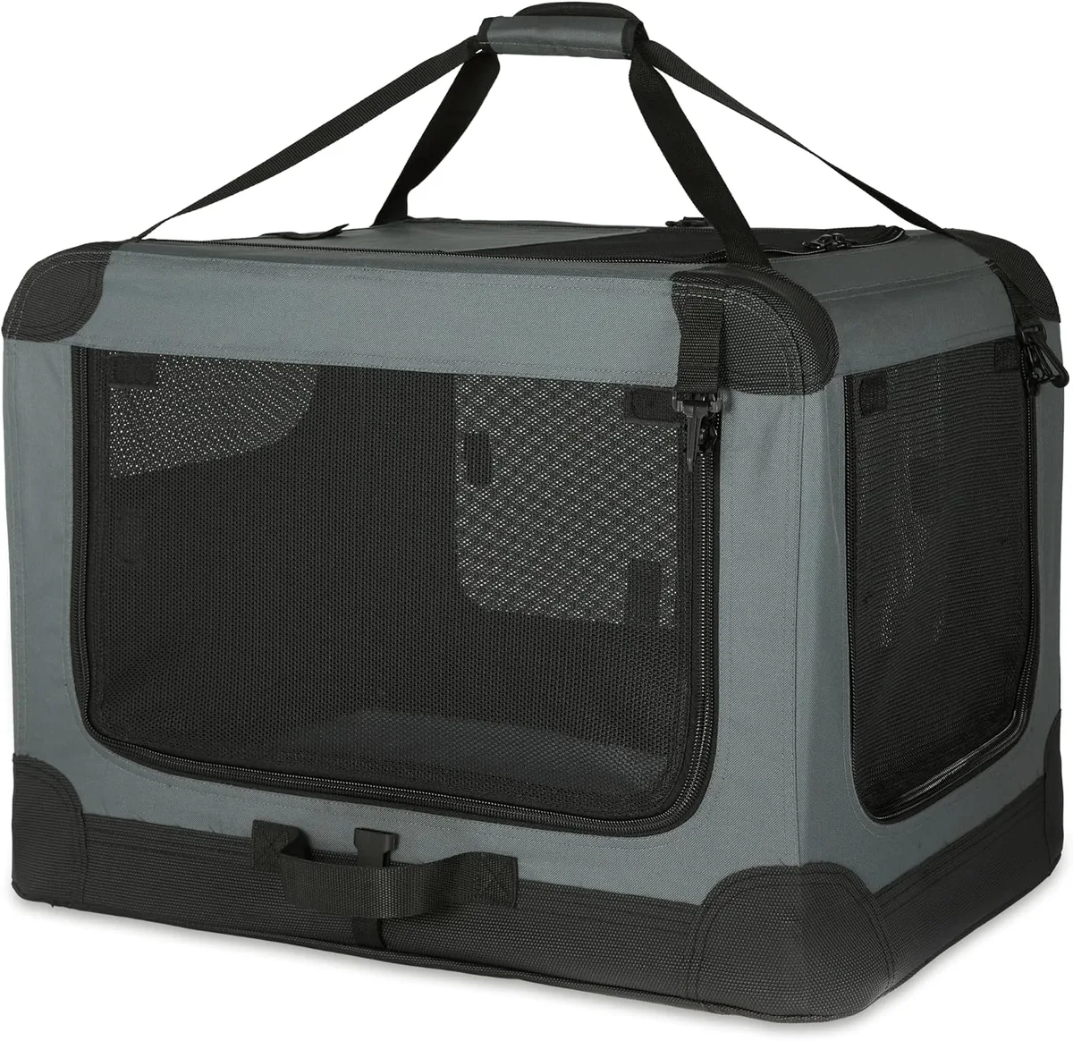 Amazon Basics Transportín Portátil Plegable de 4 Puertas para Perros y Gatos, Gris, S 66 x 46 x 46 cm