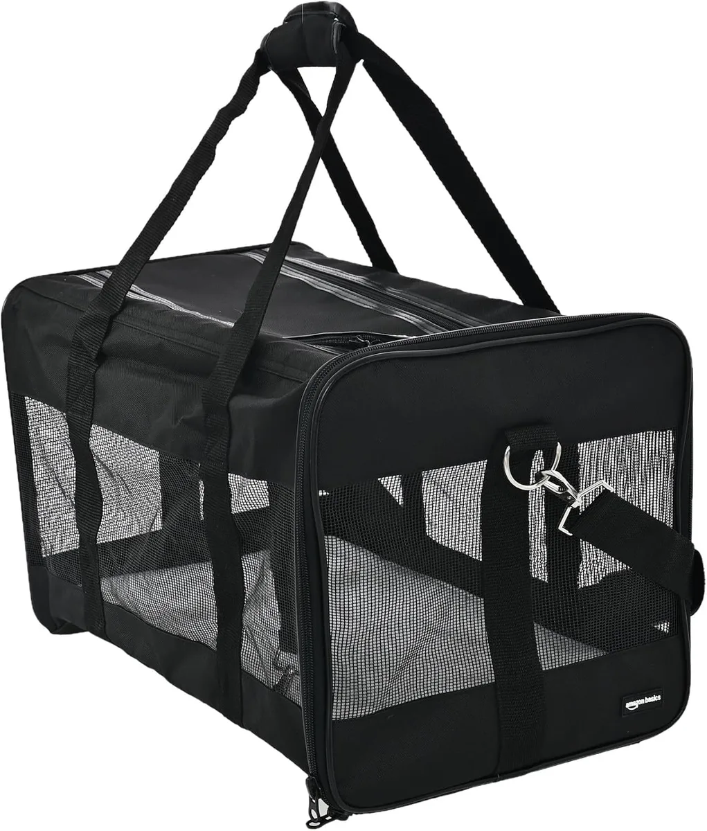 Amazon Basics Transportín para Perro con Laterales Flexibles, Grande, Negro, 50 x 30,4 x 30,4 cm