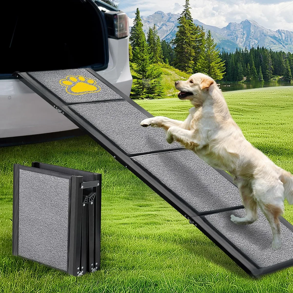 BACOENG 180cm Rampa para Perros Coche Plegable, Rampa portátil para Perros Grandes con Alfombra Antideslizante, Disponible para camión, Coche, SUV, Soporta hasta 110 KG