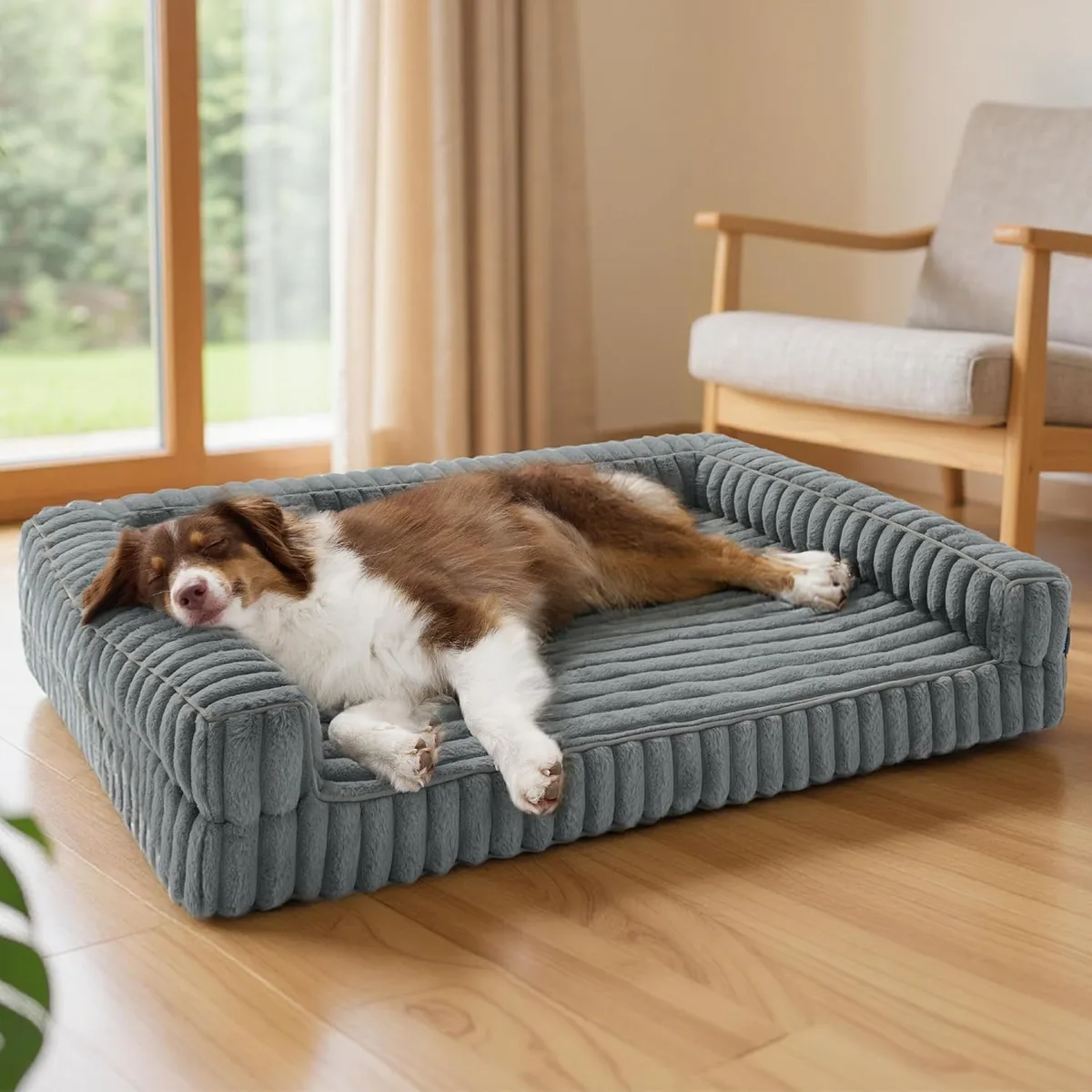 Bedsure Cama Perro Ortopédica Lavable Grandes Sofá Perro, 89x64cm, Gris | Sofá para Perros de Espuma Viscoelástica, Forro Impermeable, Funda Exterior Lavable a Máquina y Base Antideslizante