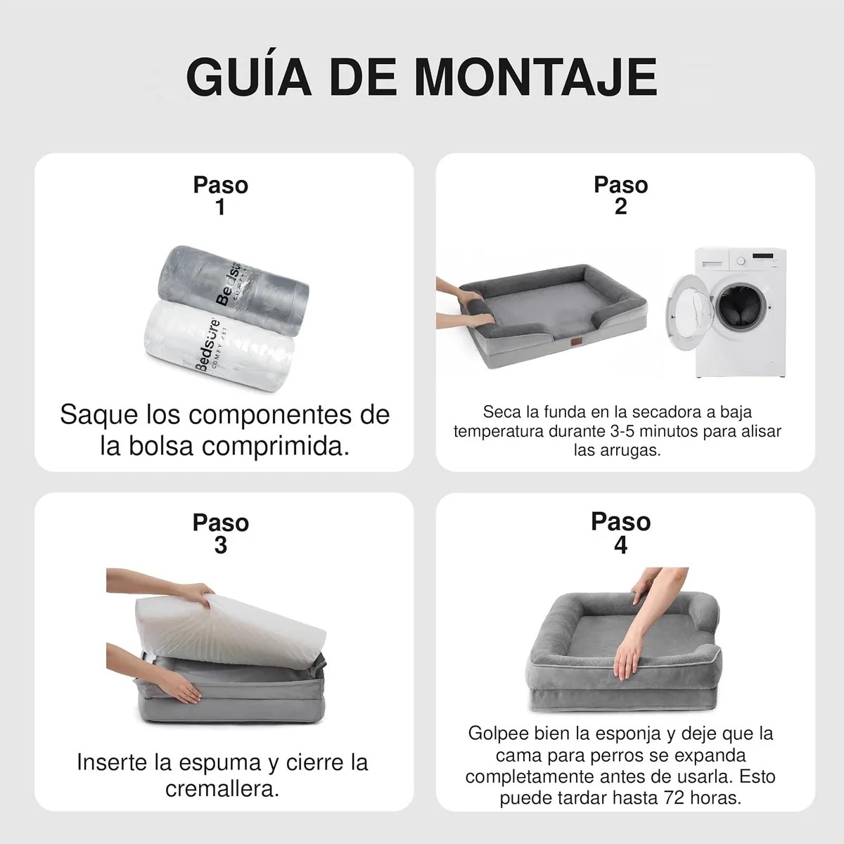 Bedsure Sofá Cama Ortopédica Lavable para Perros Grandes, 89x63cm, Gris | Sofá suave de franela con espuma ortopédica tipo huevera, forro impermeable, funda lavable a máquina y base antideslizante foto 7