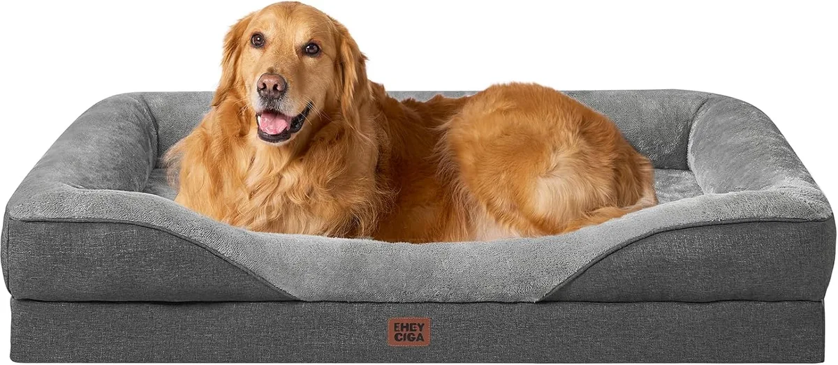 EHEYCIGA Ortopedica Cama Perro Extra Grande 106x76x18.5 cm, Gris Oscuro | Espuma tipo huevera y Memory Foam Sofa para Perros Lavable, Colchon Perro Impermeable con Espuma Viscoelástica, Cama Gato