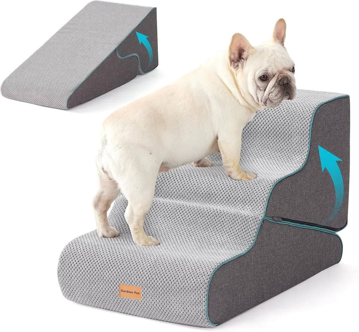 Gardner Pet 2 en 1 Escaleras para Perros, Altura 42cm, 3 Peldaños-Gris, Espuma de Alta Densidad, Funda Extraíble, Diseño Ancho Antideslizante, Acceso a Sofás y Camas