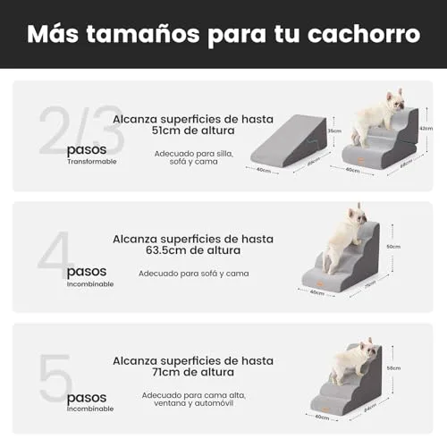 Gardner Pet 2 en 1 Escaleras para Perros, Altura 42cm, 3 Peldaños-Gris, Espuma de Alta Densidad, Funda Extraíble, Diseño Ancho Antideslizante, Acceso a Sofás y Camas foto 3