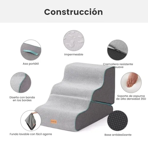 Gardner Pet 2 en 1 Escaleras para Perros, Altura 42cm, 3 Peldaños-Gris, Espuma de Alta Densidad, Funda Extraíble, Diseño Ancho Antideslizante, Acceso a Sofás y Camas foto 4