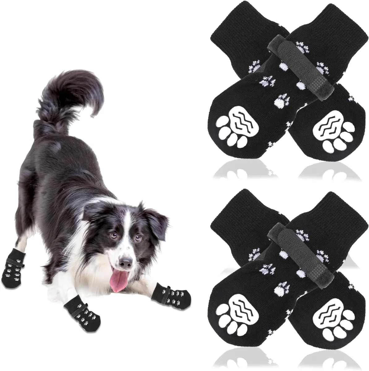 JINSIHU 4 Piezas Calcetines Protección Dual Antideslizantes Ajustables con Correas M | Calcetines Perros Interiores, Control Tracción, Fácil Colocación, Transpirable