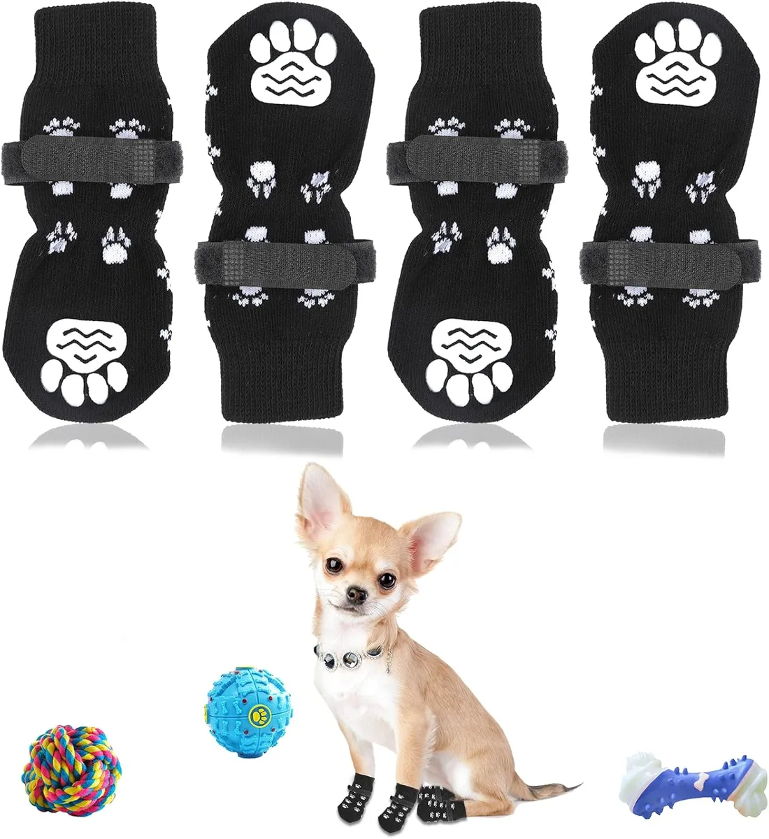 JINSIHU 4 Piezas Calcetines Protección Dual Antideslizantes Ajustables con Correas S | Calcetines Perros Interiores, Control Tracción, Fácil Colocación, Transpirable