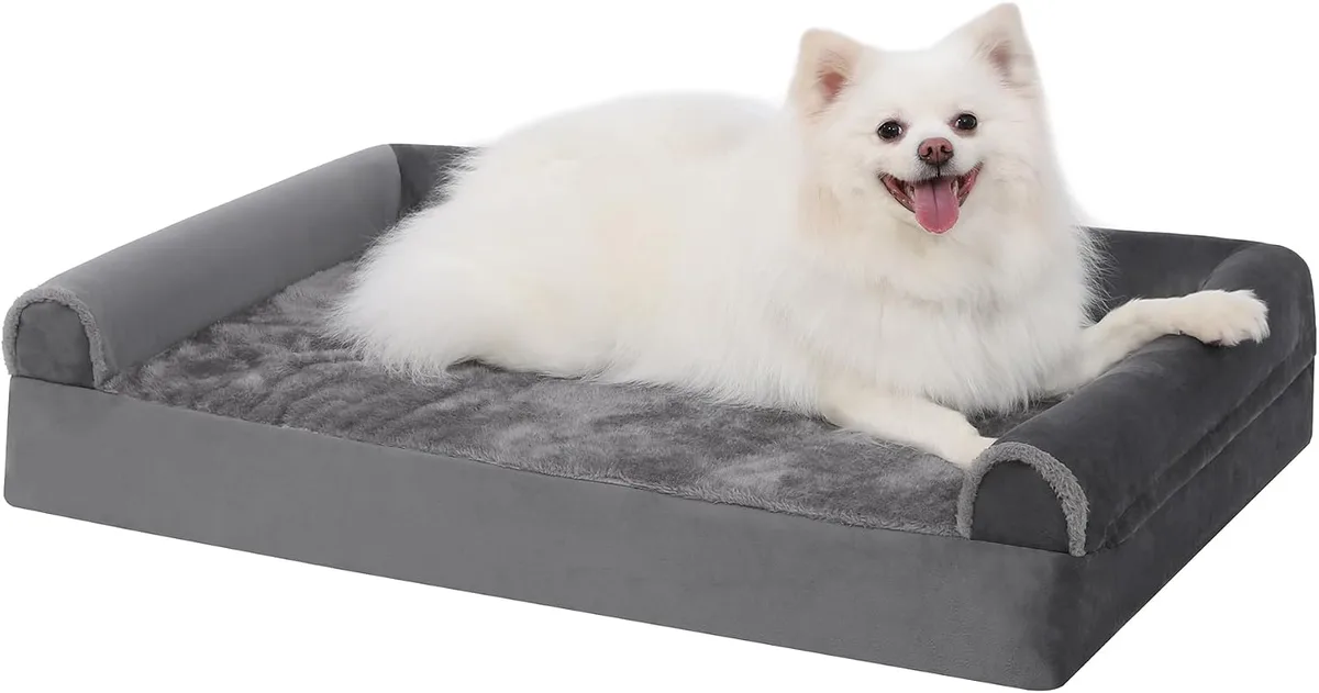 KSIIA Cama para Perros Ortopédica Cama Perros Medianos, M Gris 75x47x16cm | Sofá para perros en peluche corto ártico, ortopédico para articulaciones, 3 bordes elevados, lavable y desenfundable