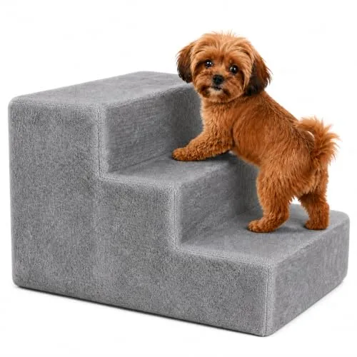 lionto Escalera de Felpa para Perros y Gatos, 46 x 36 x 34 cm, Gris Claro, Escalera estable de tres peldaños para mascotas de hasta 50 kg, con funda extraíble y lavable foto 1