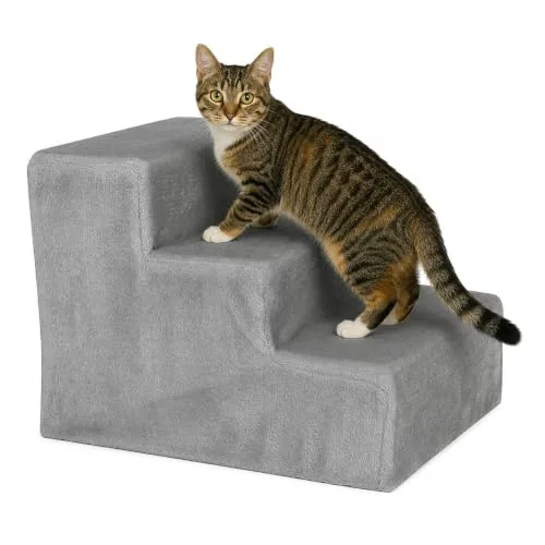 lionto Escalera de Felpa para Perros y Gatos, 46 x 36 x 34 cm, Gris Claro, Escalera estable de tres peldaños para mascotas de hasta 50 kg, con funda extraíble y lavable foto 2