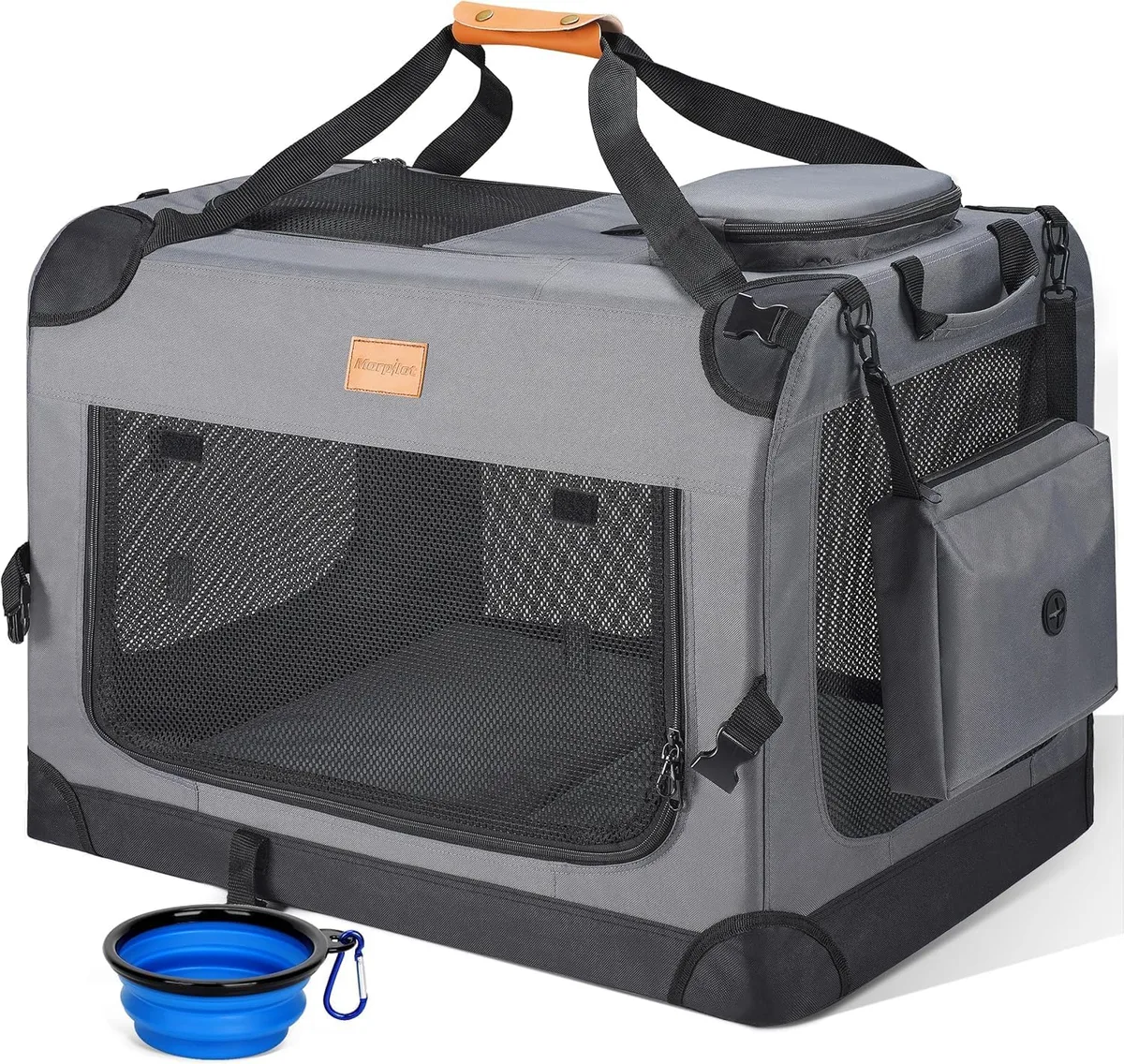 morpilot Transportín Perro Gato, Bolsa Transporte Transpirable para Mascotas, Portador de Viaje con Correa de Hombro Ajustable, con Colchón Suave y Tazón (60 x 42 x 42 cm)