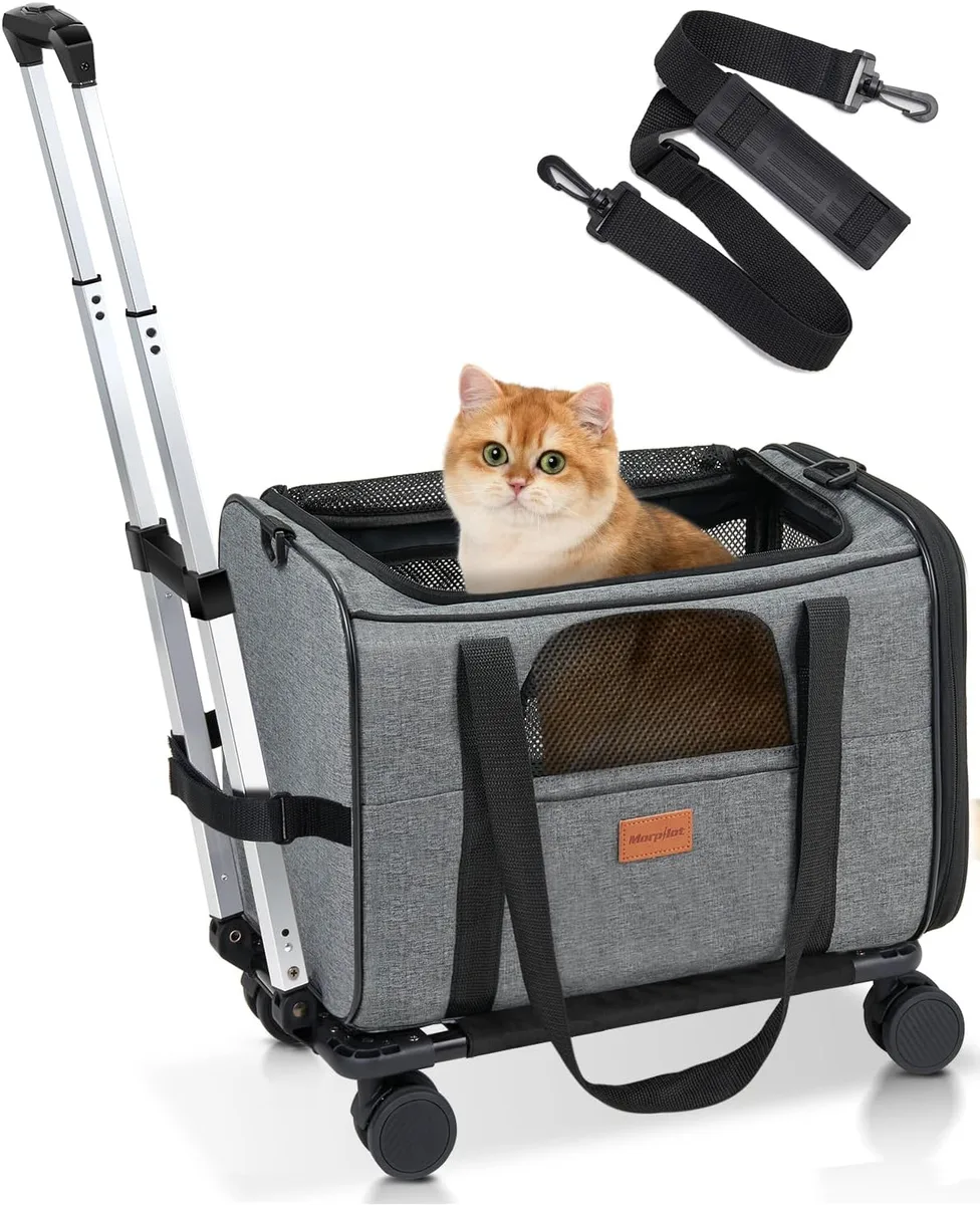 morpilot Transportín para Gatos y Perros con Ruedas y Varilla Telescópica, Bolsa de Viaje Plegable con Cuenco y Ruedas Extraíbles (43 x 28 x 28 cm)