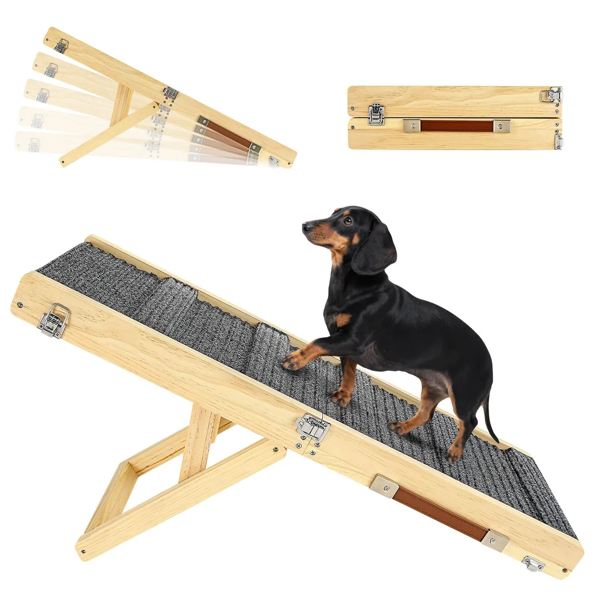 Pawaboo 2026 Upgrated Rampa Mejorada para Perros para Sofá Plegable, Madera, 5 Alturas Ajustables de 9.8" a 20.5", Escalones Estables para Mascotas Pequeños con Almohadilla Antideslizante