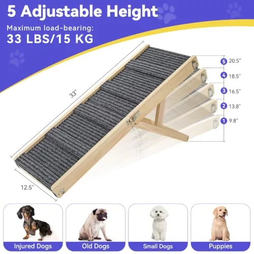 Pawaboo 2026 Upgrated Rampa Mejorada para Perros para Sofá Plegable, Madera, 5 Alturas Ajustables de 9.8" a 20.5", Escalones Estables para Mascotas Pequeños con Almohadilla Antideslizante foto 4