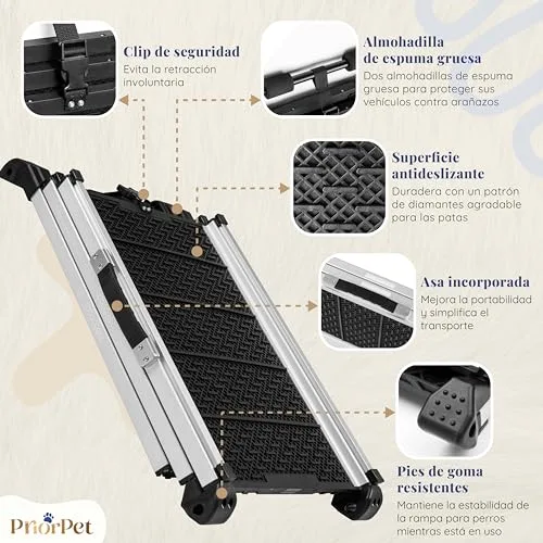 PRIORPET Rampa para Perros para Coche, Todoterreno - Rampas telescópicas Extensibles para Perros Grandes - Estable - Antideslizante - 90 kg de Capacidad - Clip de fijación foto 4