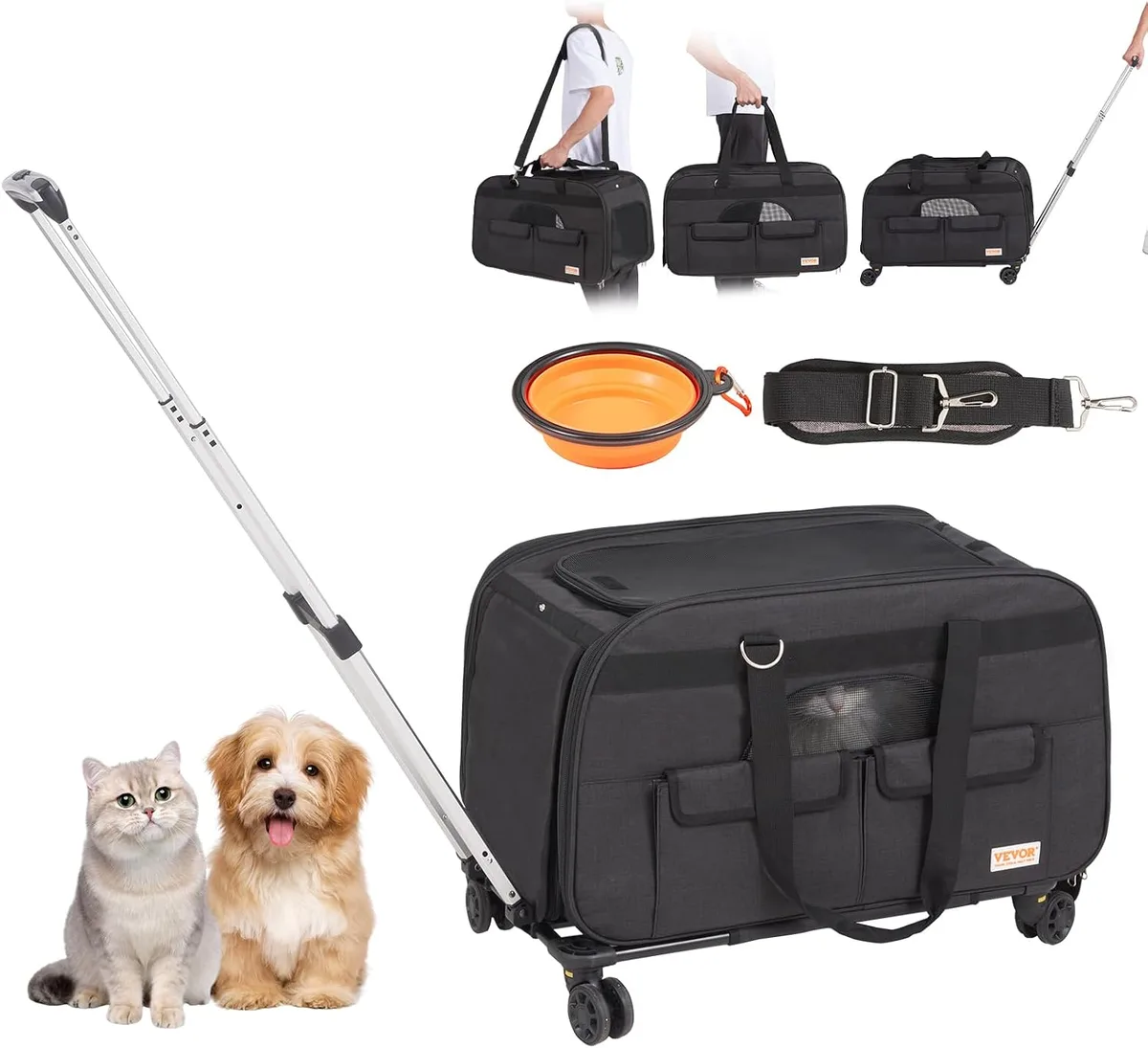 VEVOR Transportín para Mascotas con Ruedas, Carga de 15,8 kg, Maleta para Gatos 65 x 36 x 36 cm, con Asa Telescópica y Correa para Hombro